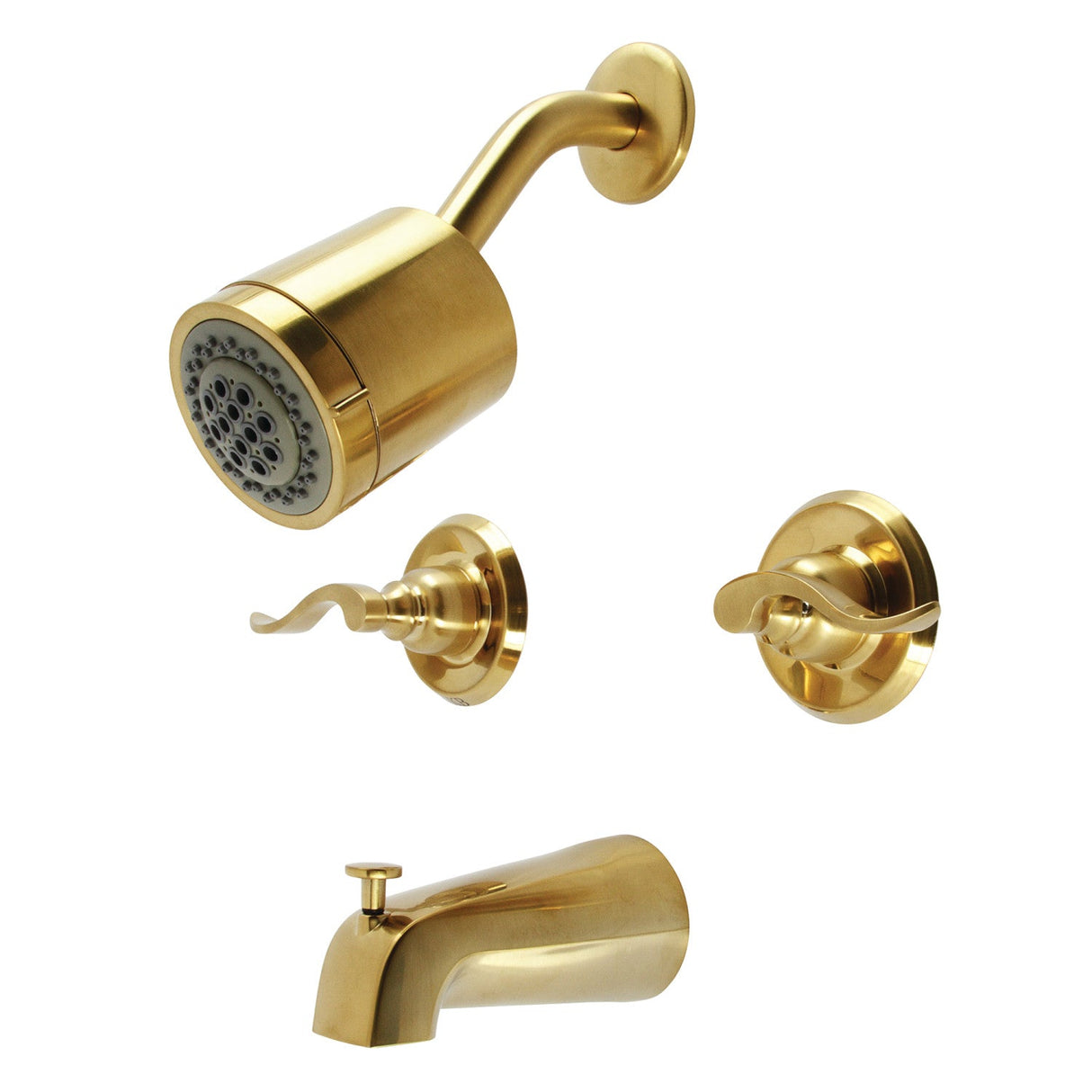 NuWave French KB8247NFL Two-Handle 4-Hole Wall Mount Tub and Shower Faucet, Brushed Brass