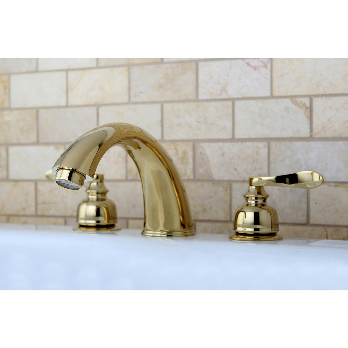 NuWave French KB8362NFL Two-Handle 3-Hole Deck Mount Roman Tub Faucet, Polished Brass