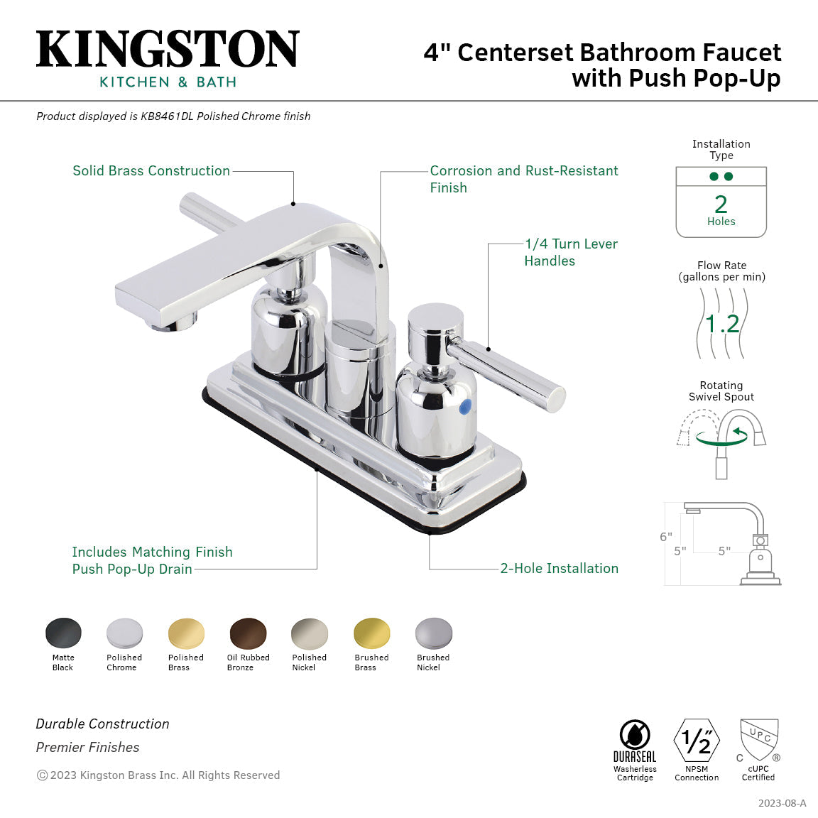 Concord KB8462DL Two-Handle 2-Hole Deck Mount 4" Centerset Bathroom Faucet with Push Pop-Up, Polished Brass