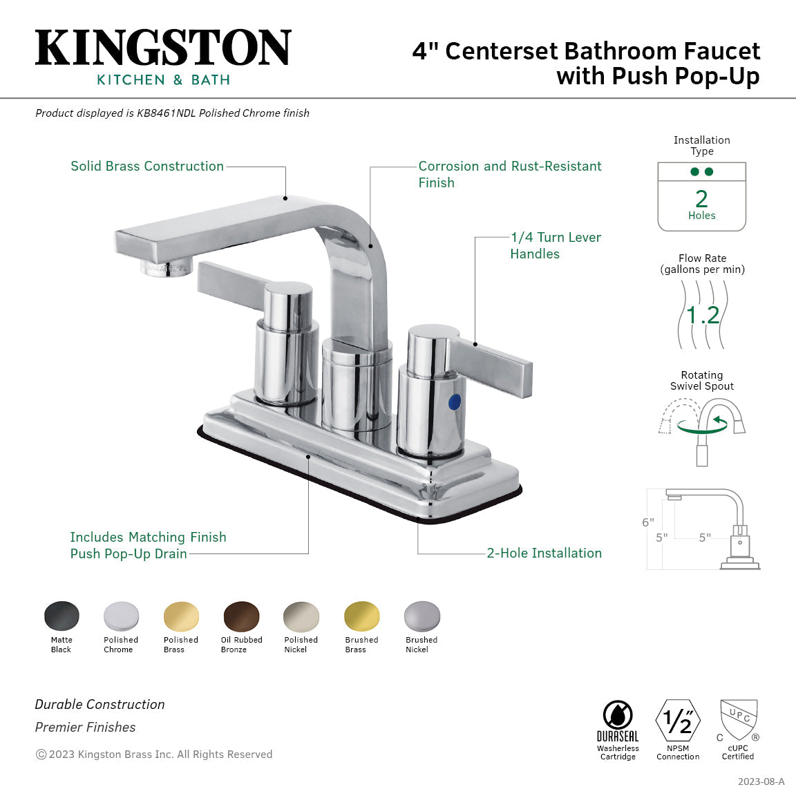 NuvoFusion KB8462NDL Two-Handle 2-Hole Deck Mount 4" Centerset Bathroom Faucet with Push Pop-Up, Polished Brass