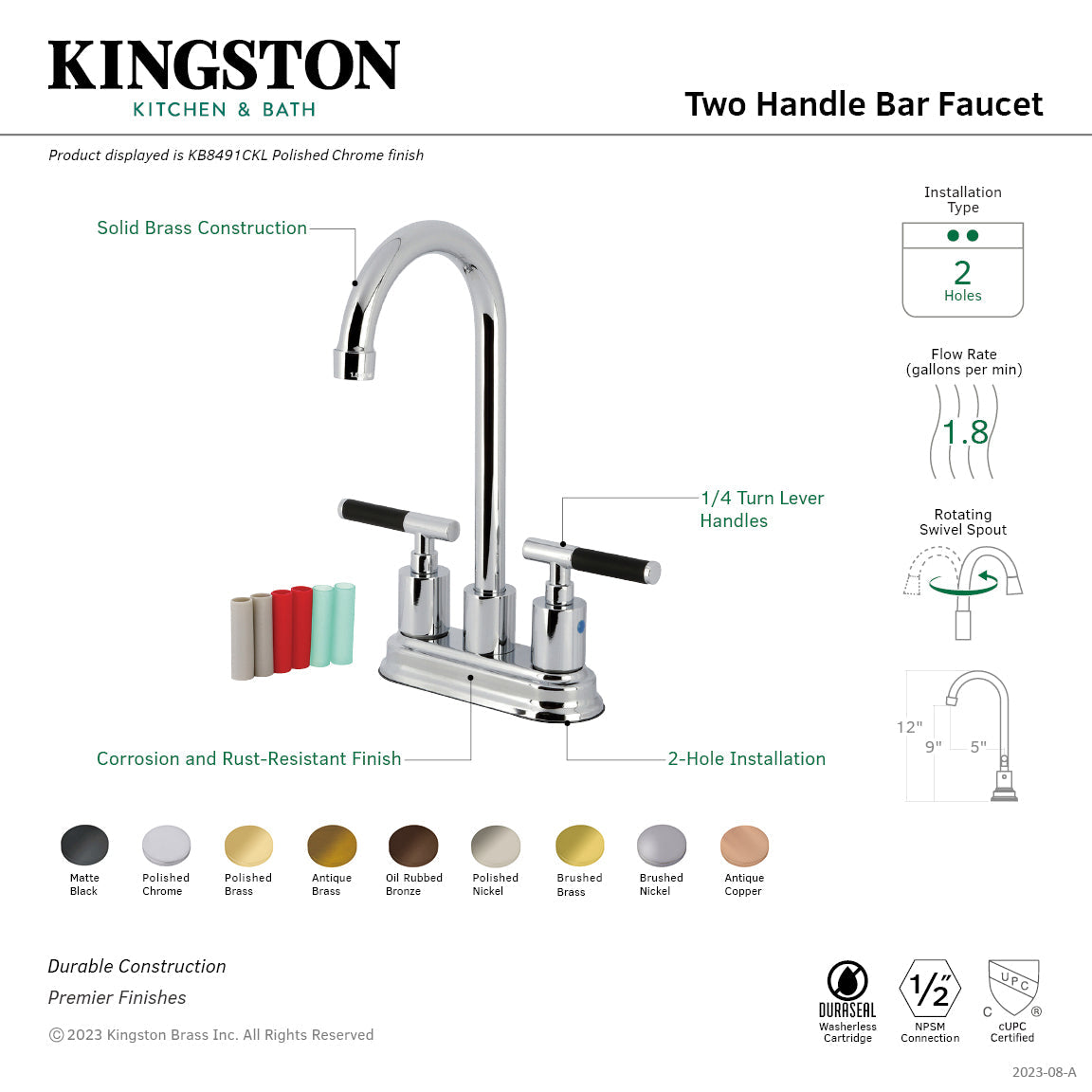 Kaiser KB8491CKL Two-Handle 2-Hole Deck Mount Bar Faucet, Polished Chrome