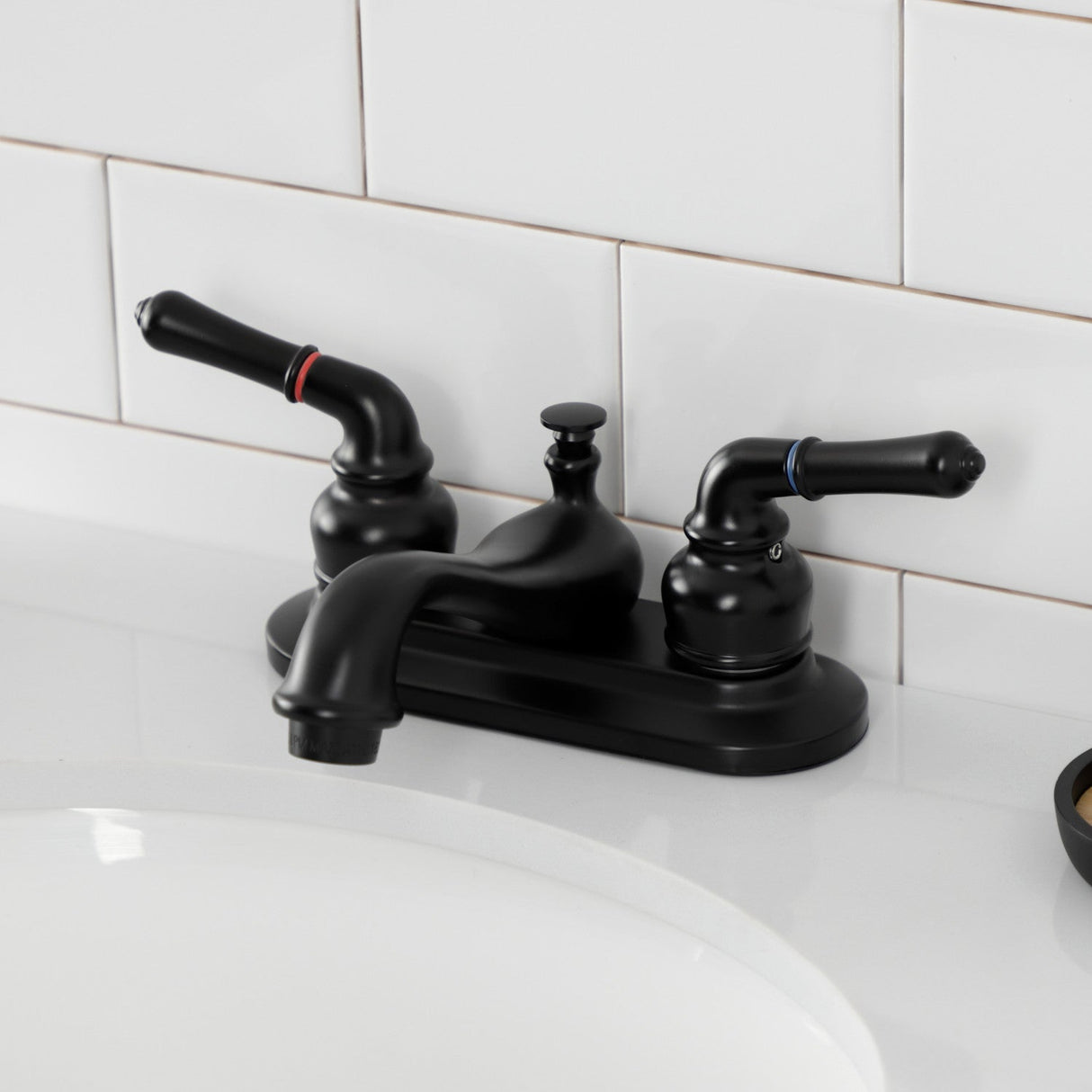 Royale KB8600 Two-Handle 3-Hole Deck Mount 4" Centerset Bathroom Faucet with Plastic Pop-Up, Matte Black