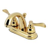 NuWave French KB8612NFL Two-Handle 3-Hole Deck Mount 4" Centerset Bathroom Faucet with Plastic Pop-Up, Polished Brass