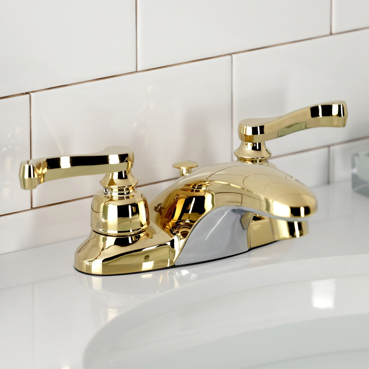 Royale KB8622FL Two-Handle 3-Hole Deck Mount 4" Centerset Bathroom Faucet with Plastic Pop-Up, Polished Brass