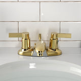 NuvoFusion KB8622NDL Two-Handle 3-Hole Deck Mount 4" Centerset Bathroom Faucet with Plastic Pop-Up, Polished Brass