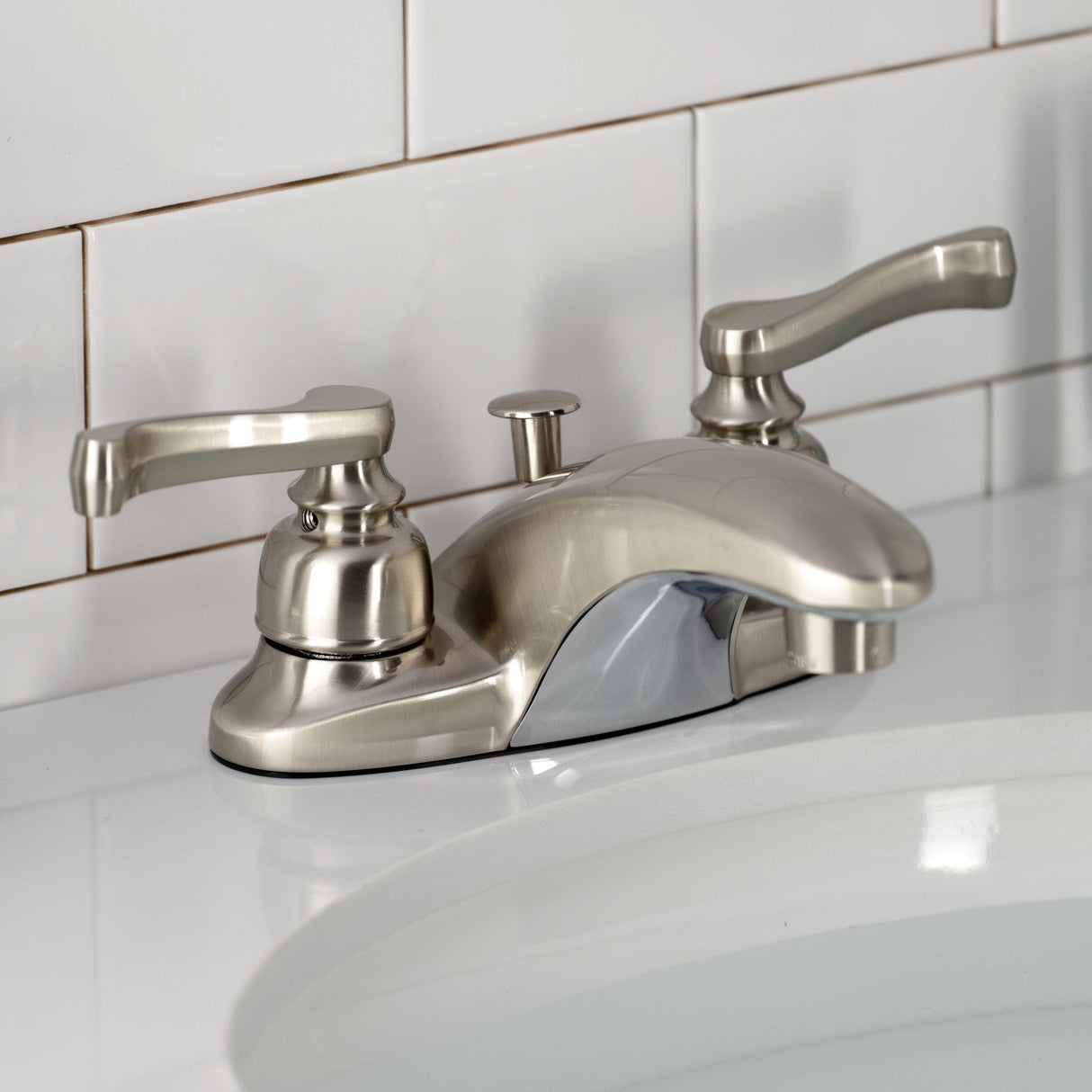 Royale KB8628FL Two-Handle 3-Hole Deck Mount 4" Centerset Bathroom Faucet with Plastic Pop-Up, Brushed Nickel