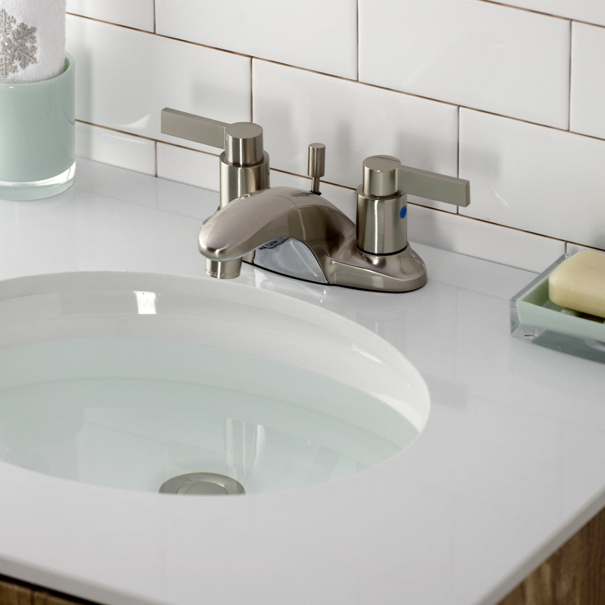 NuvoFusion KB8628NDL Two-Handle 3-Hole Deck Mount 4" Centerset Bathroom Faucet with Plastic Pop-Up, Brushed Nickel