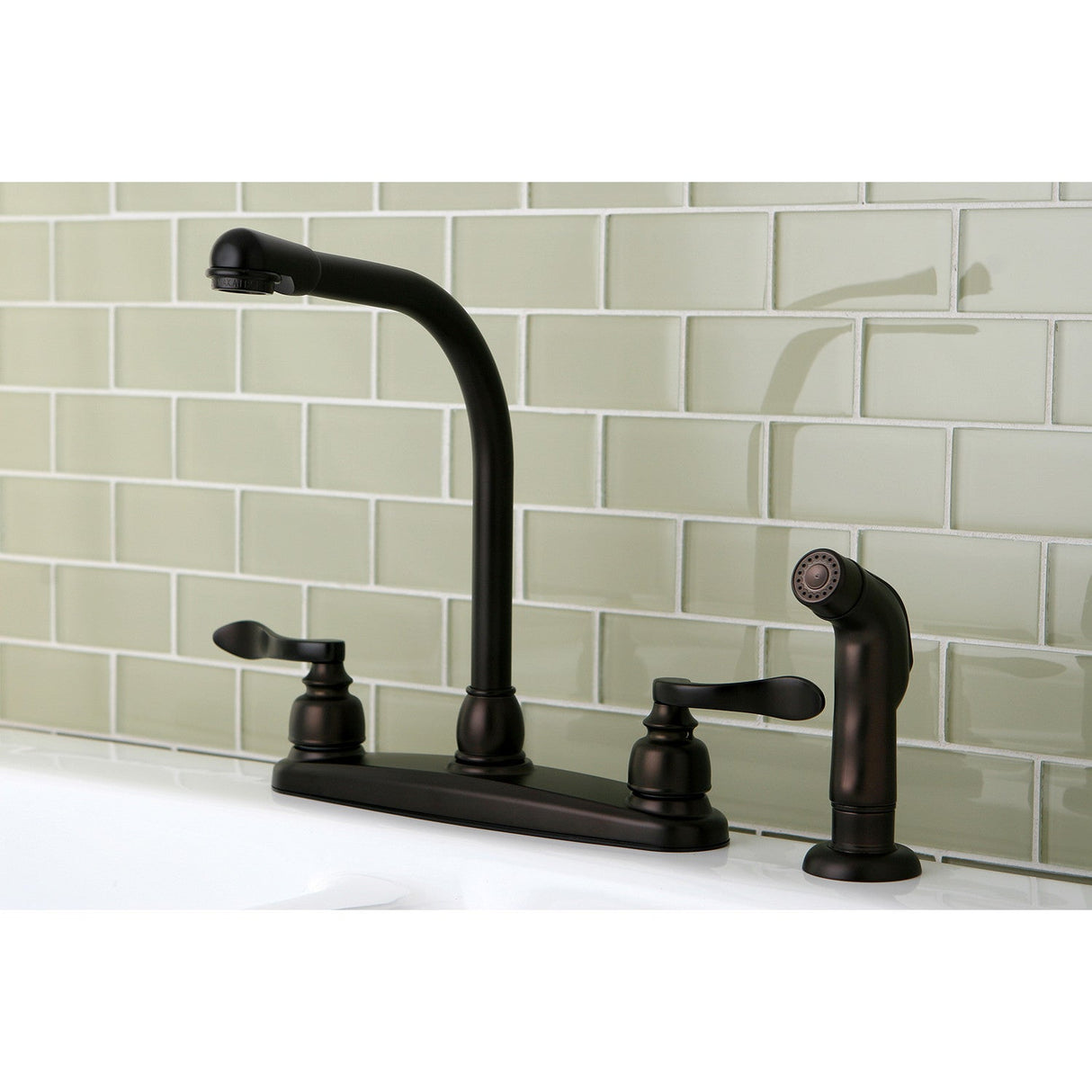 NuWave French KB8755NFLSP Two-Handle 4-Hole Deck Mount 8" Centerset Kitchen Faucet with Side Sprayer, Oil Rubbed Bronze
