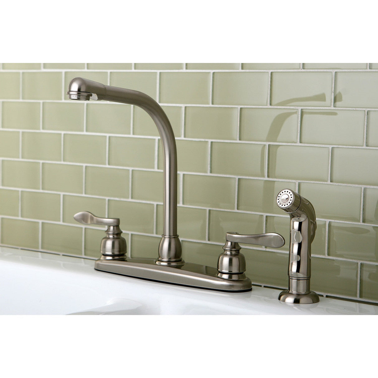 NuWave French KB8758NFLSP Two-Handle 4-Hole Deck Mount 8" Centerset Kitchen Faucet with Side Sprayer, Brushed Nickel