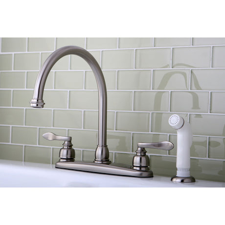 NuWave French KB8798NFL Two-Handle 4-Hole Deck Mount 8" Centerset Kitchen Faucet with Side Sprayer, Brushed Nickel