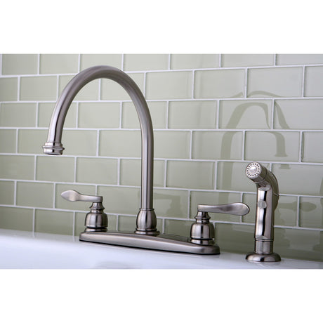 NuWave French KB8798NFLSP Two-Handle 4-Hole Deck Mount 8" Centerset Kitchen Faucet with Side Sprayer, Brushed Nickel