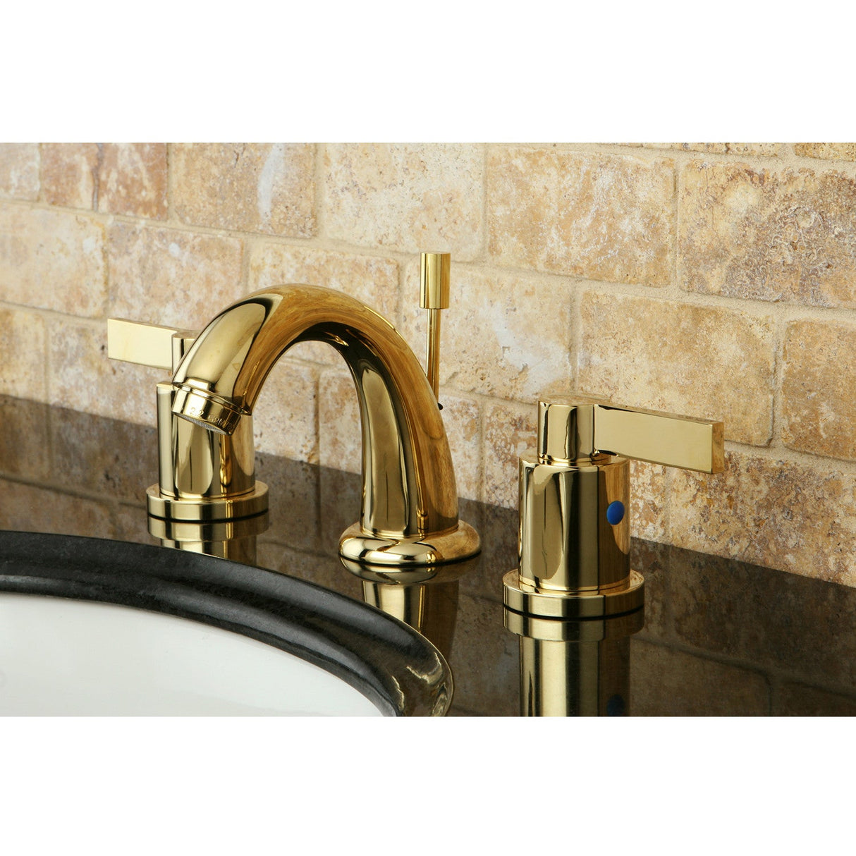 NuvoFusion KB8912NDL Two-Handle 3-Hole Deck Mount Widespread Bathroom Faucet with Plastic Pop-Up, Polished Brass