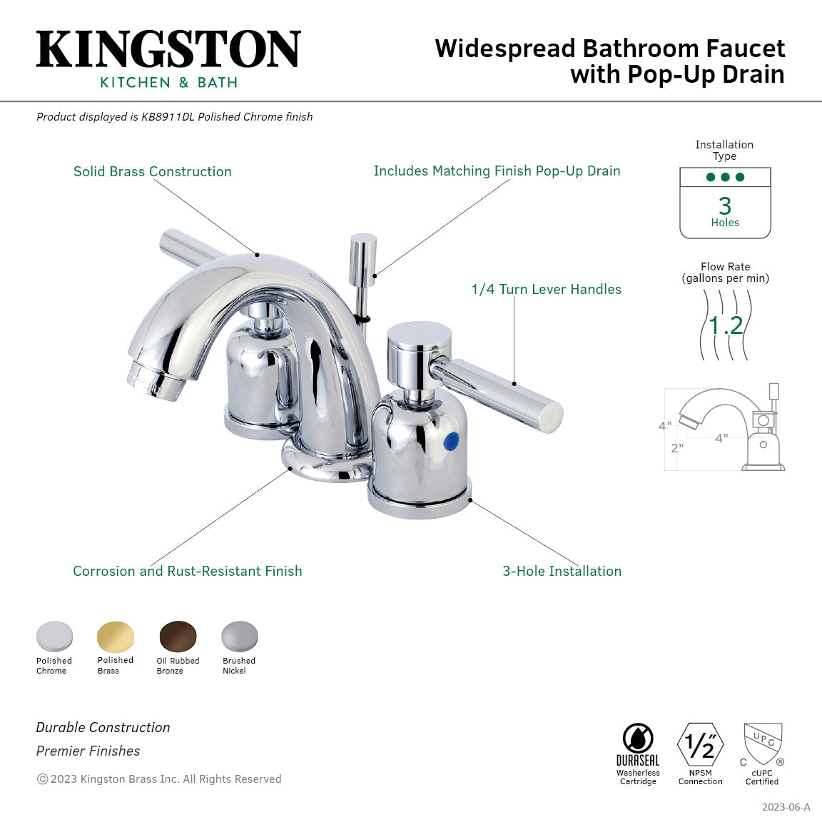 Concord KB8915DL Two-Handle 3-Hole Deck Mount Widespread Bathroom Faucet with Plastic Pop-Up, Oil Rubbed Bronze