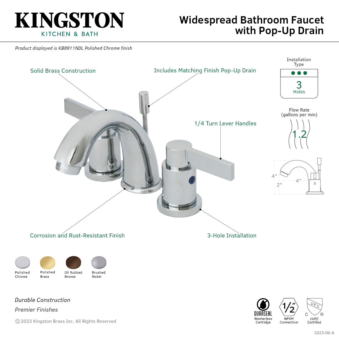 NuvoFusion KB8915NDL Two-Handle 3-Hole Deck Mount Widespread Bathroom Faucet with Plastic Pop-Up, Oil Rubbed Bronze