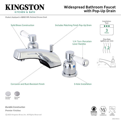 Paris KB8928DPL Two-Handle 3-Hole Deck Mount Widespread Bathroom Faucet with Plastic Pop-Up, Brushed Nickel