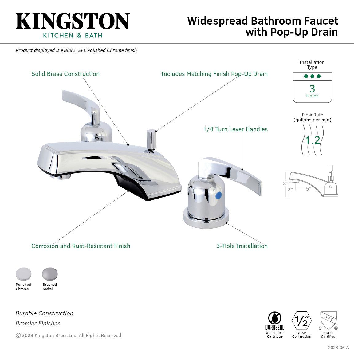 Centurion KB8928EFL Two-Handle 3-Hole Deck Mount Widespread Bathroom Faucet with Plastic Pop-Up, Brushed Nickel