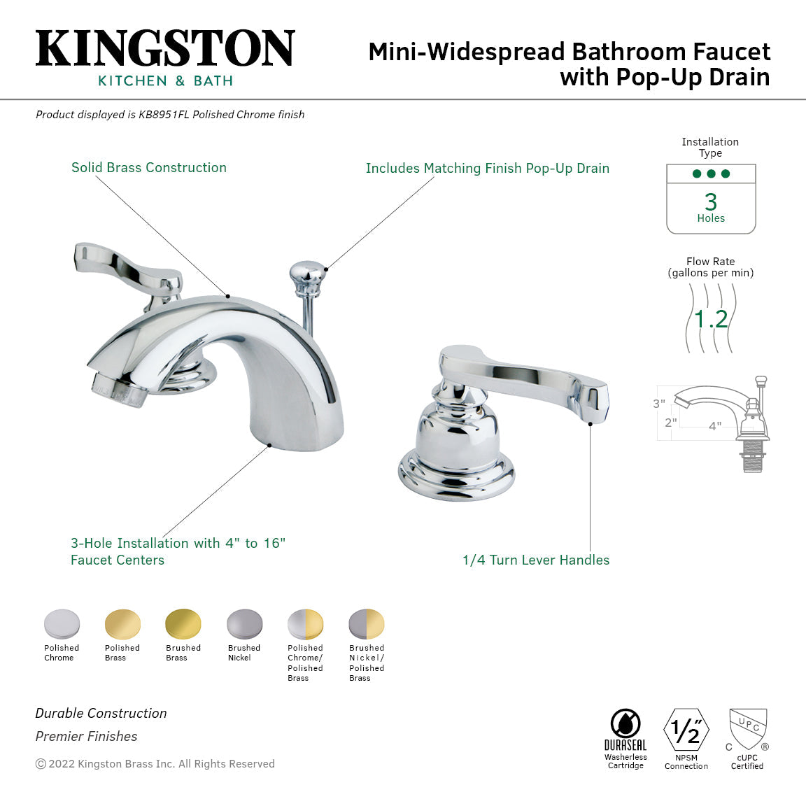 Royale KB8951FL Two-Handle 3-Hole Deck Mount Mini-Widespread Bathroom Faucet with Plastic Pop-Up, Polished Chrome