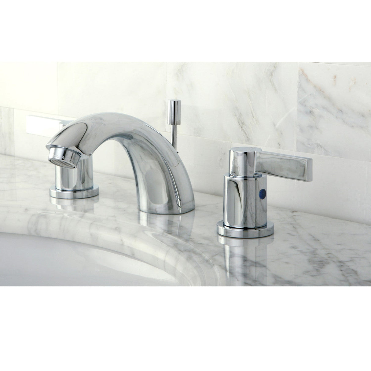 NuvoFusion KB8951NDL Two-Handle 3-Hole Deck Mount Mini-Widespread Bathroom Faucet with Plastic Pop-Up, Polished Chrome