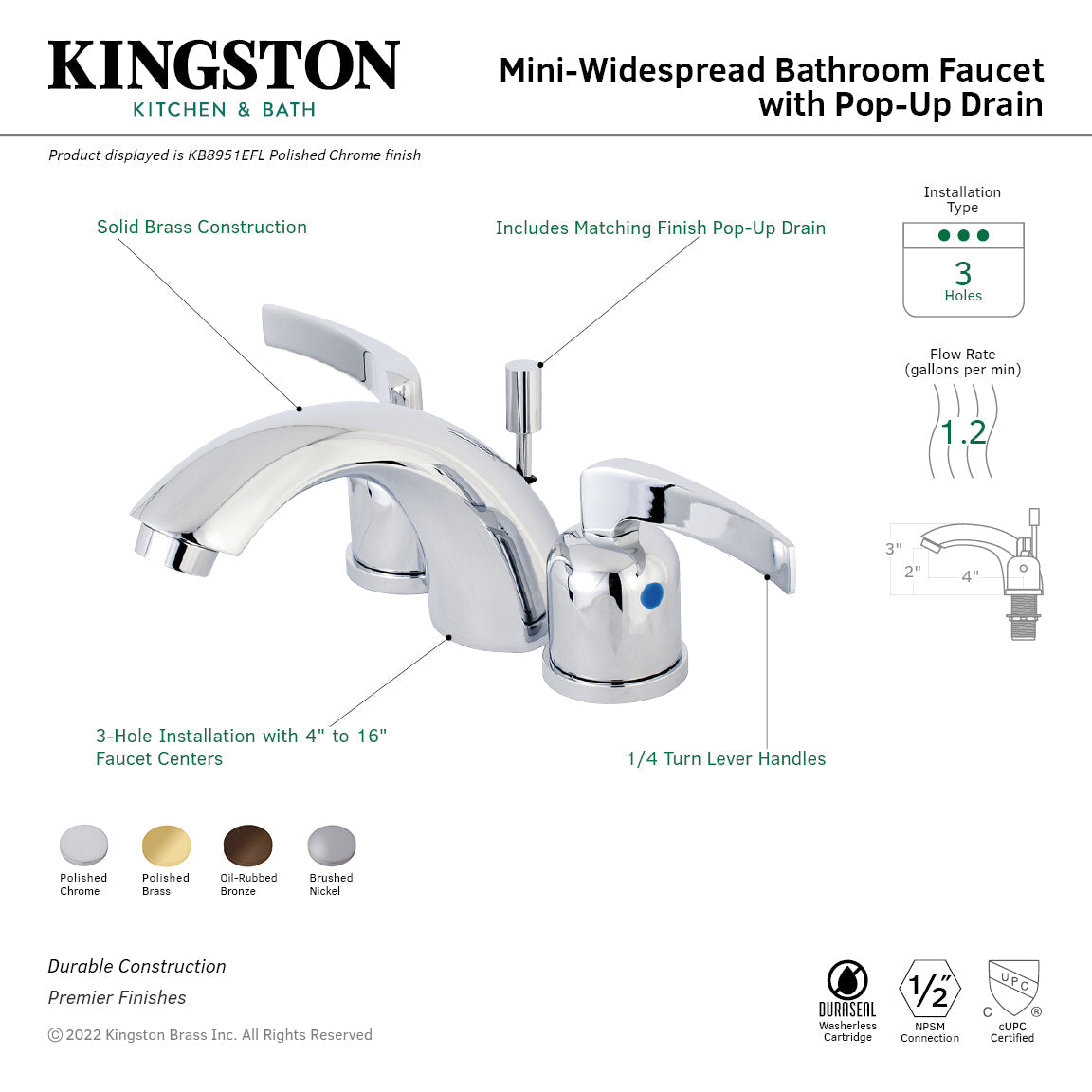 Centurion KB8952EFL Two-Handle 3-Hole Deck Mount Mini-Widespread Bathroom Faucet with Plastic Pop-Up, Polished Brass