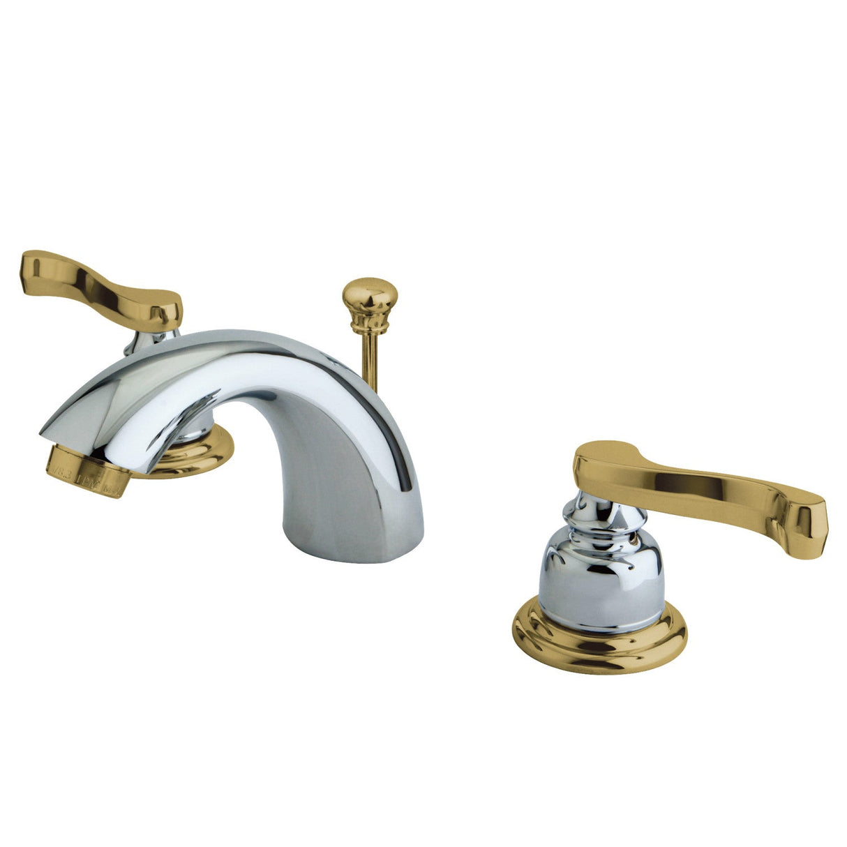 Royale KB8954FL Two-Handle 3-Hole Deck Mount Mini-Widespread Bathroom Faucet with Plastic Pop-Up, Polished Chrome/Polished Brass