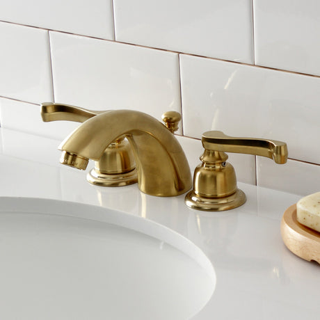 Royale KB8957FL Two-Handle 3-Hole Deck Mount Mini-Widespread Bathroom Faucet with Plastic Pop-Up, Brushed Brass