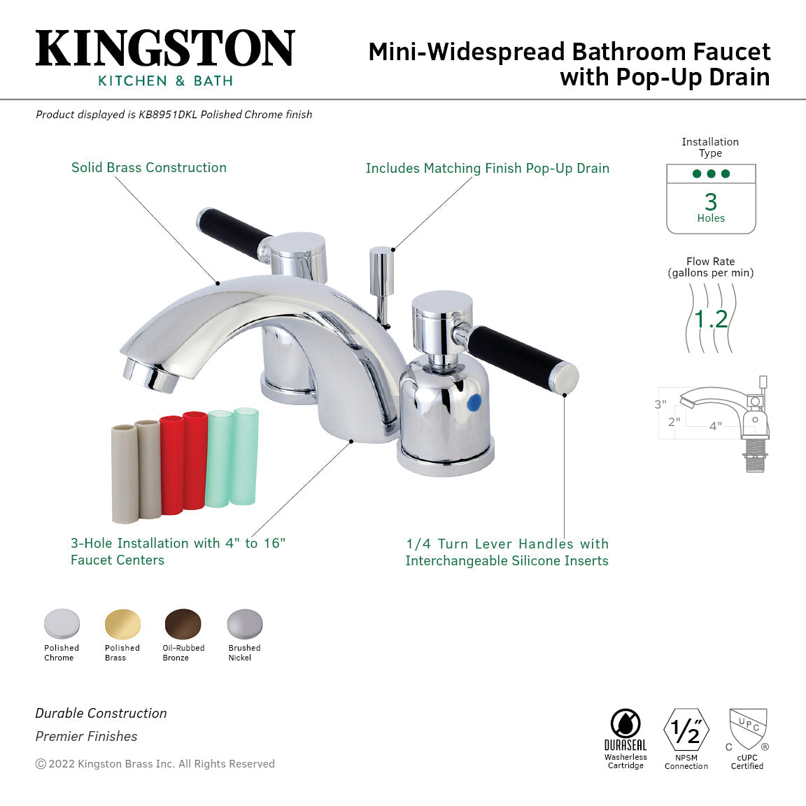 Kaiser KB8958DKL Two-Handle 3-Hole Deck Mount Mini-Widespread Bathroom Faucet with Plastic Pop-Up, Brushed Nickel