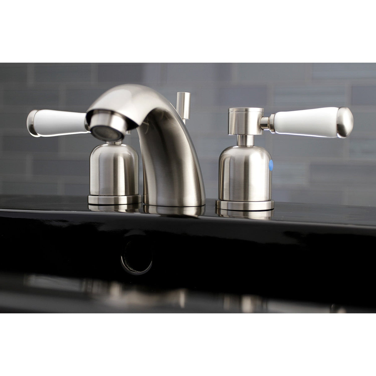 Paris KB8958DPL Two-Handle 3-Hole Deck Mount Mini-Widespread Bathroom Faucet with Plastic Pop-Up, Brushed Nickel