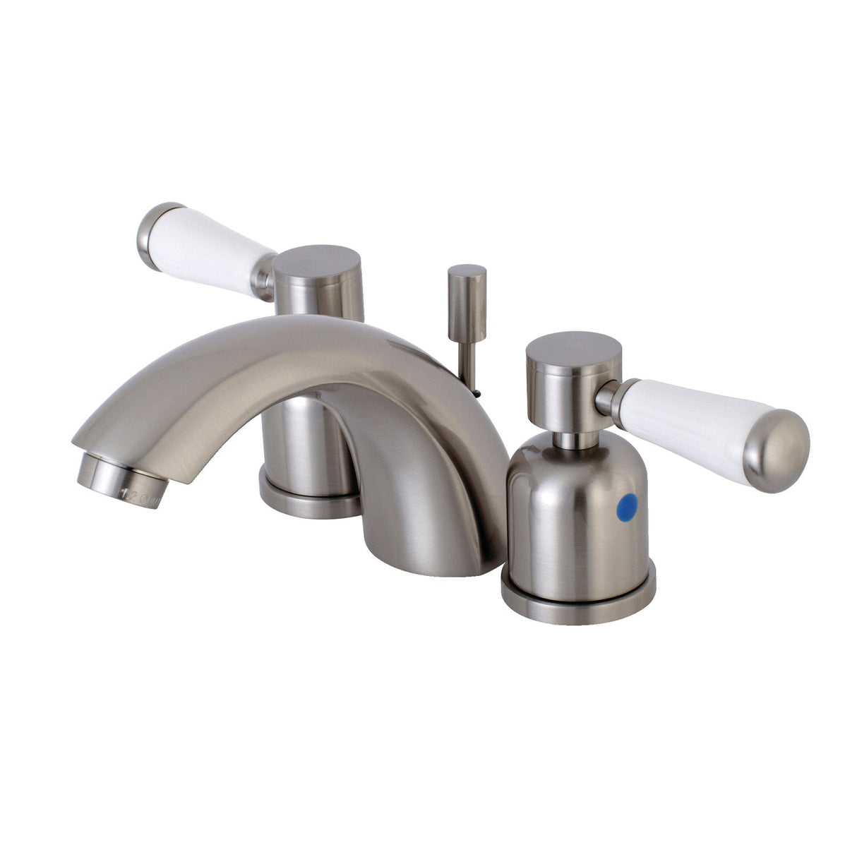 Paris KB8958DPL Two-Handle 3-Hole Deck Mount Mini-Widespread Bathroom Faucet with Plastic Pop-Up, Brushed Nickel