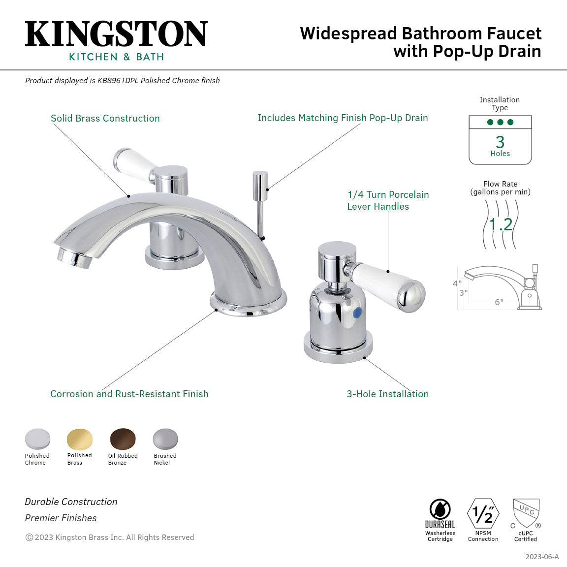 Paris KB8962DPL Two-Handle 3-Hole Deck Mount Widespread Bathroom Faucet with Plastic Pop-Up, Polished Brass