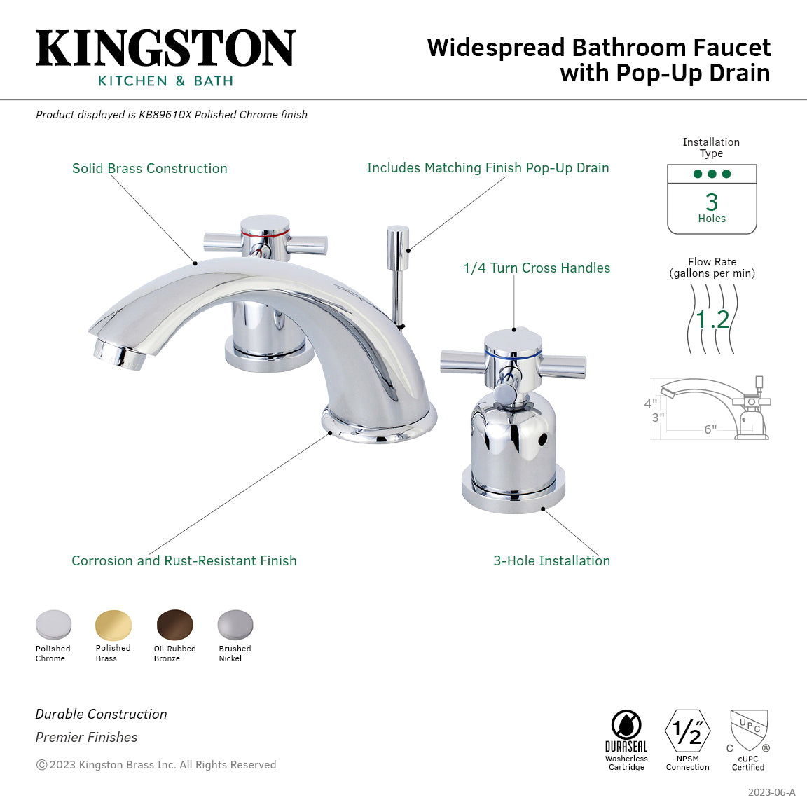 Concord KB8962DX Two-Handle 3-Hole Deck Mount Widespread Bathroom Faucet with Plastic Pop-Up, Polished Brass