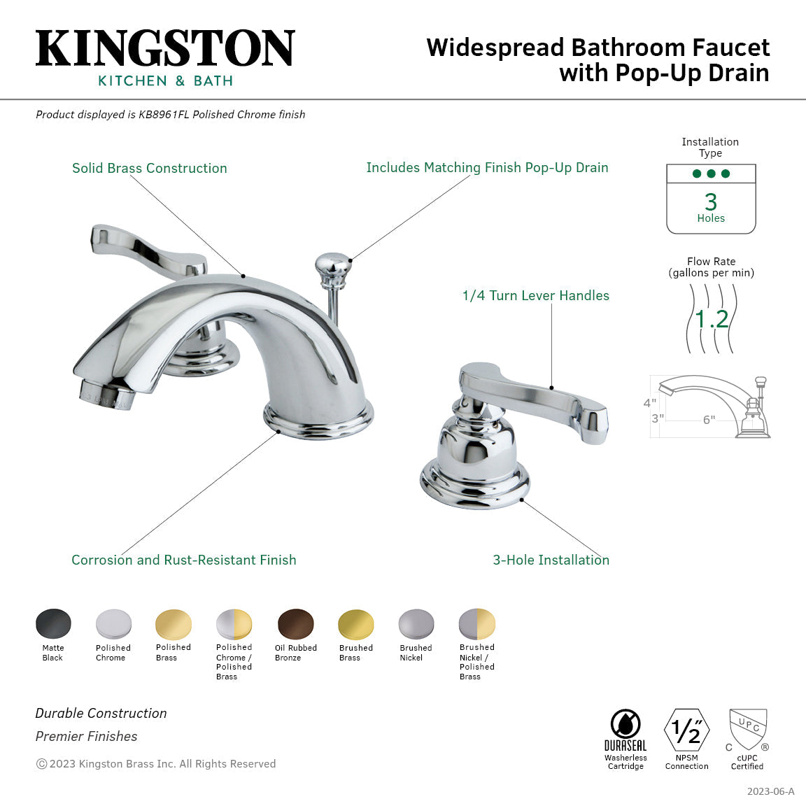 Royale KB8965FL Two-Handle 3-Hole Deck Mount Widespread Bathroom Faucet with Plastic Pop-Up, Oil Rubbed Bronze