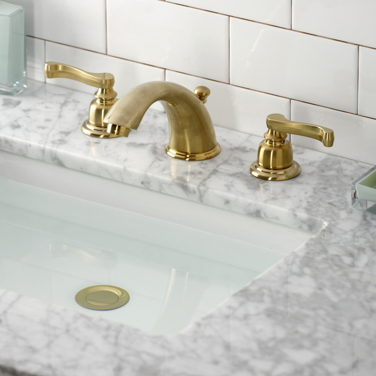 Royale KB8967FL Two-Handle 3-Hole Deck Mount Widespread Bathroom Faucet with Plastic Pop-Up, Brushed Brass