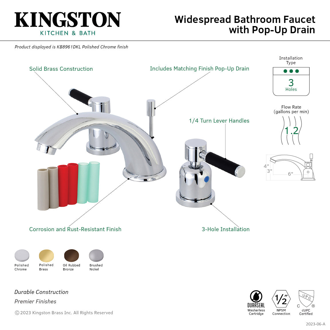 Kaiser KB8968DKL Two-Handle 3-Hole Deck Mount Widespread Bathroom Faucet with Plastic Pop-Up, Brushed Nickel