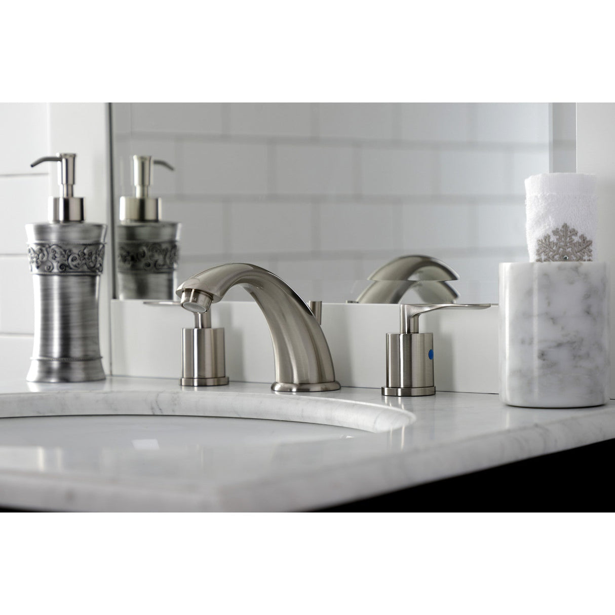 Serena KB8968SVL Two-Handle 3-Hole Deck Mount Widespread Bathroom Faucet with Pop-Up Drain, Brushed Nickel