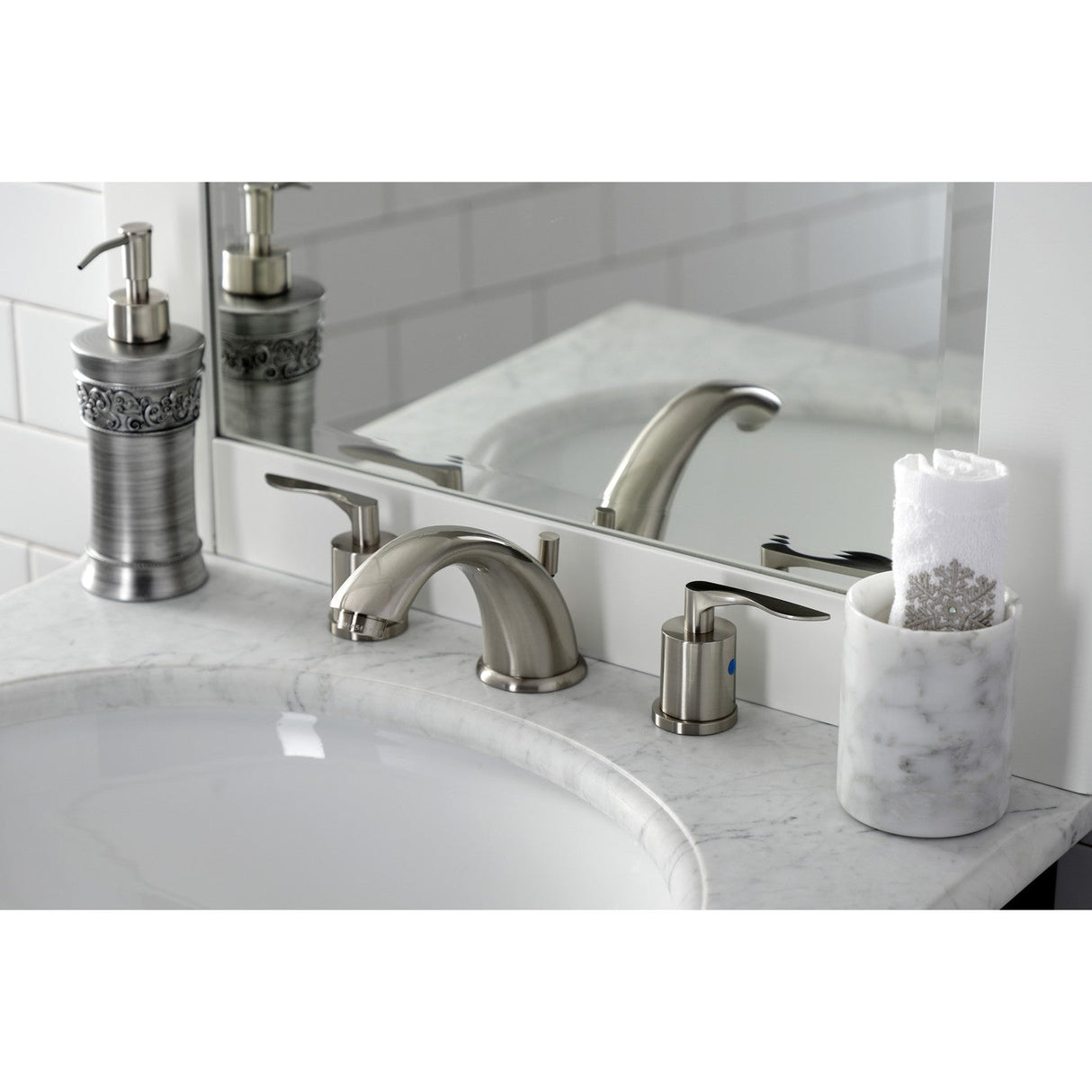 Serena KB8968SVL Two-Handle 3-Hole Deck Mount Widespread Bathroom Faucet with Pop-Up Drain, Brushed Nickel