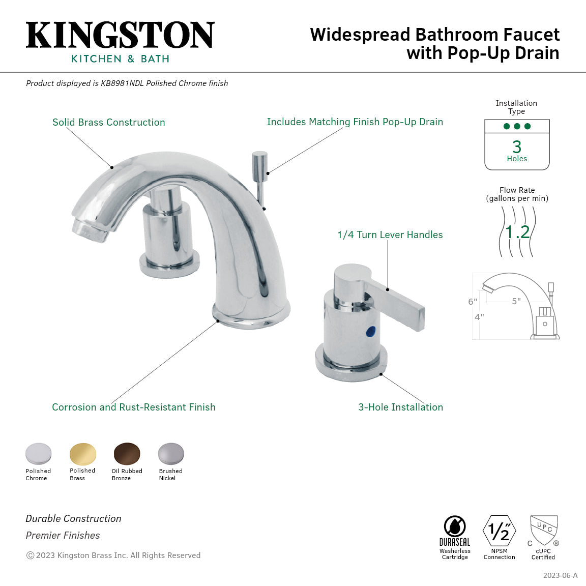 NuvoFusion KB8981NDL Two-Handle 3-Hole Deck Mount Widespread Bathroom Faucet with Plastic Pop-Up, Polished Chrome