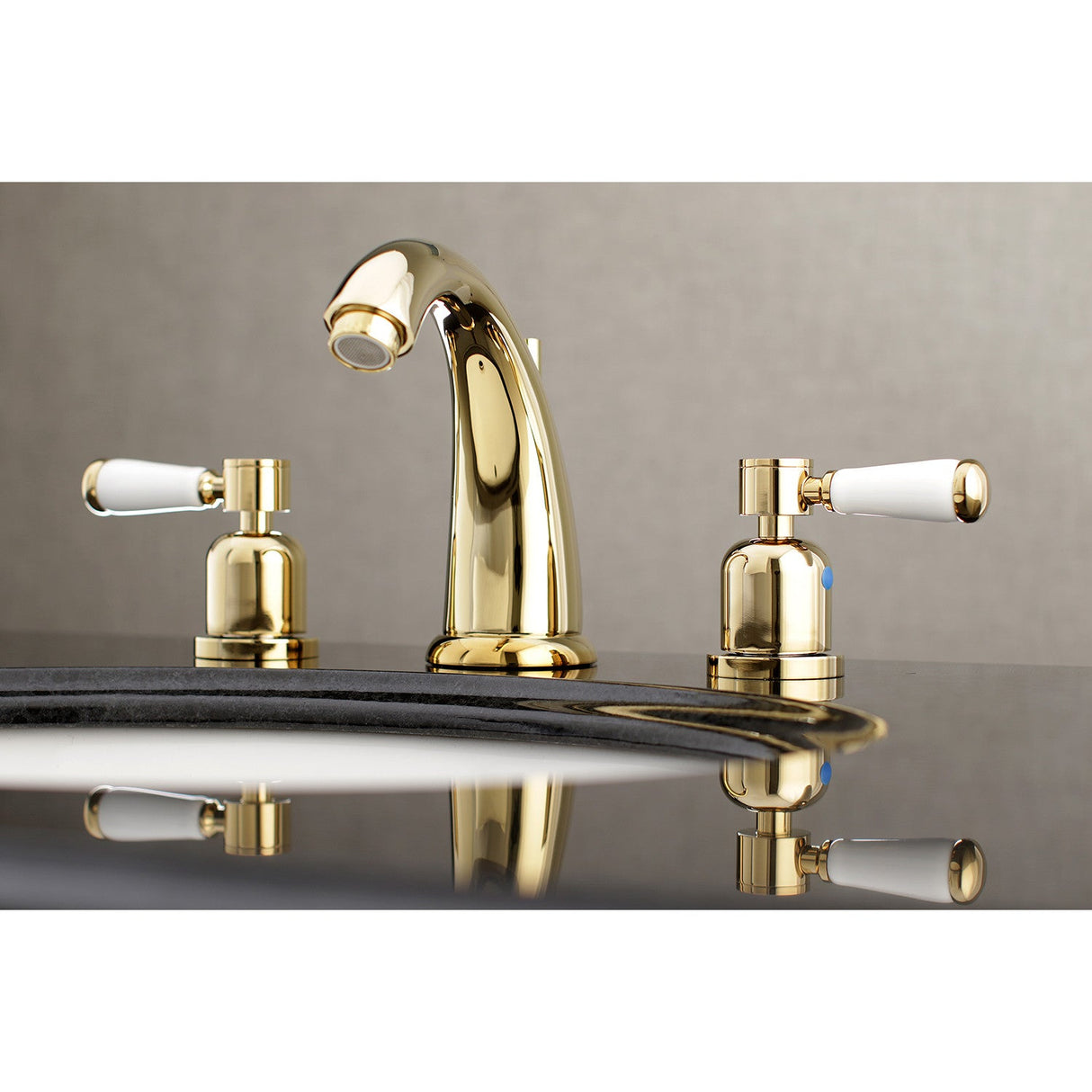 Paris KB8982DPL Two-Handle 3-Hole Deck Mount Widespread Bathroom Faucet with Plastic Pop-Up, Polished Brass