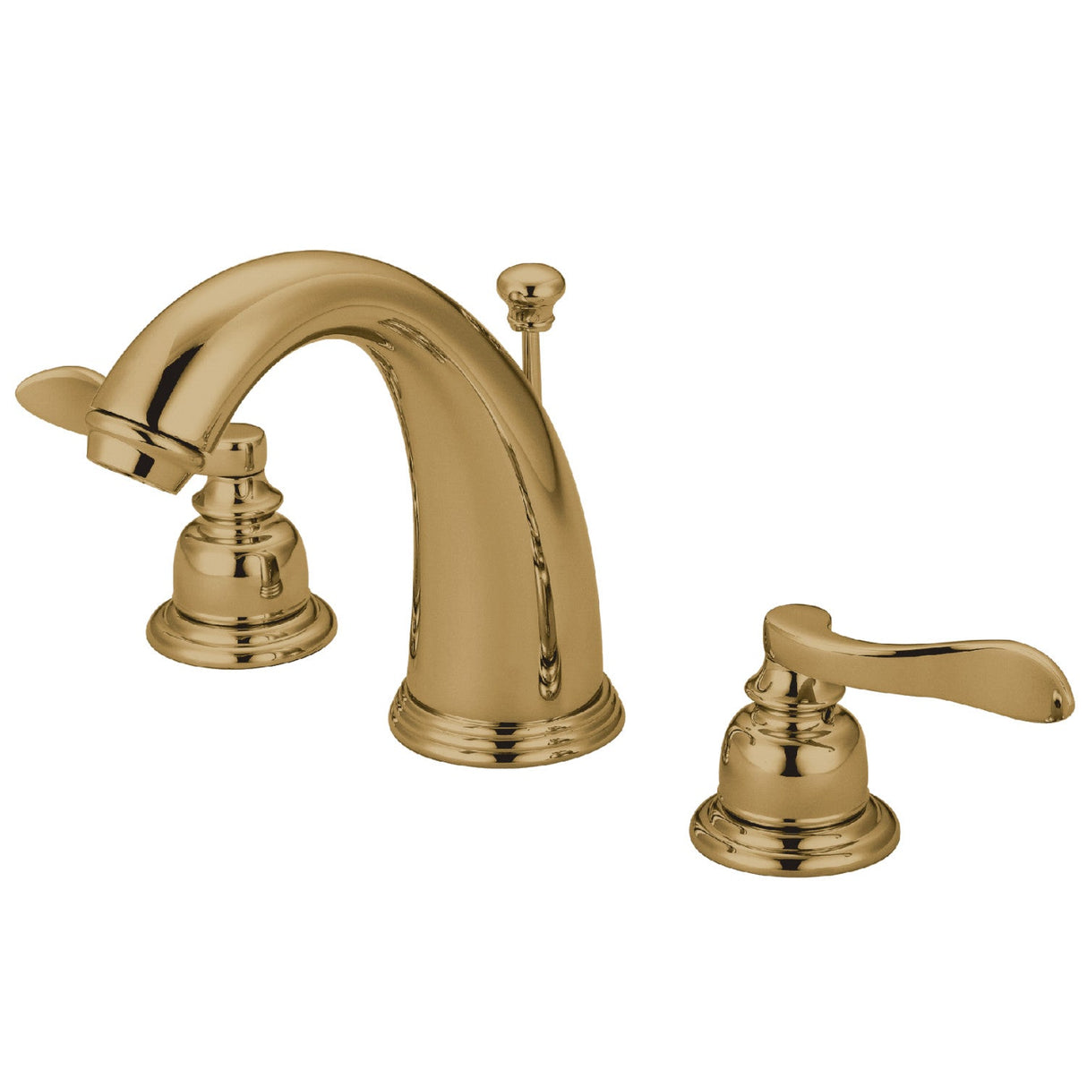 NuWave French KB8982NFL Two-Handle 3-Hole Deck Mount Widespread Bathroom Faucet with Plastic Pop-Up, Polished Brass