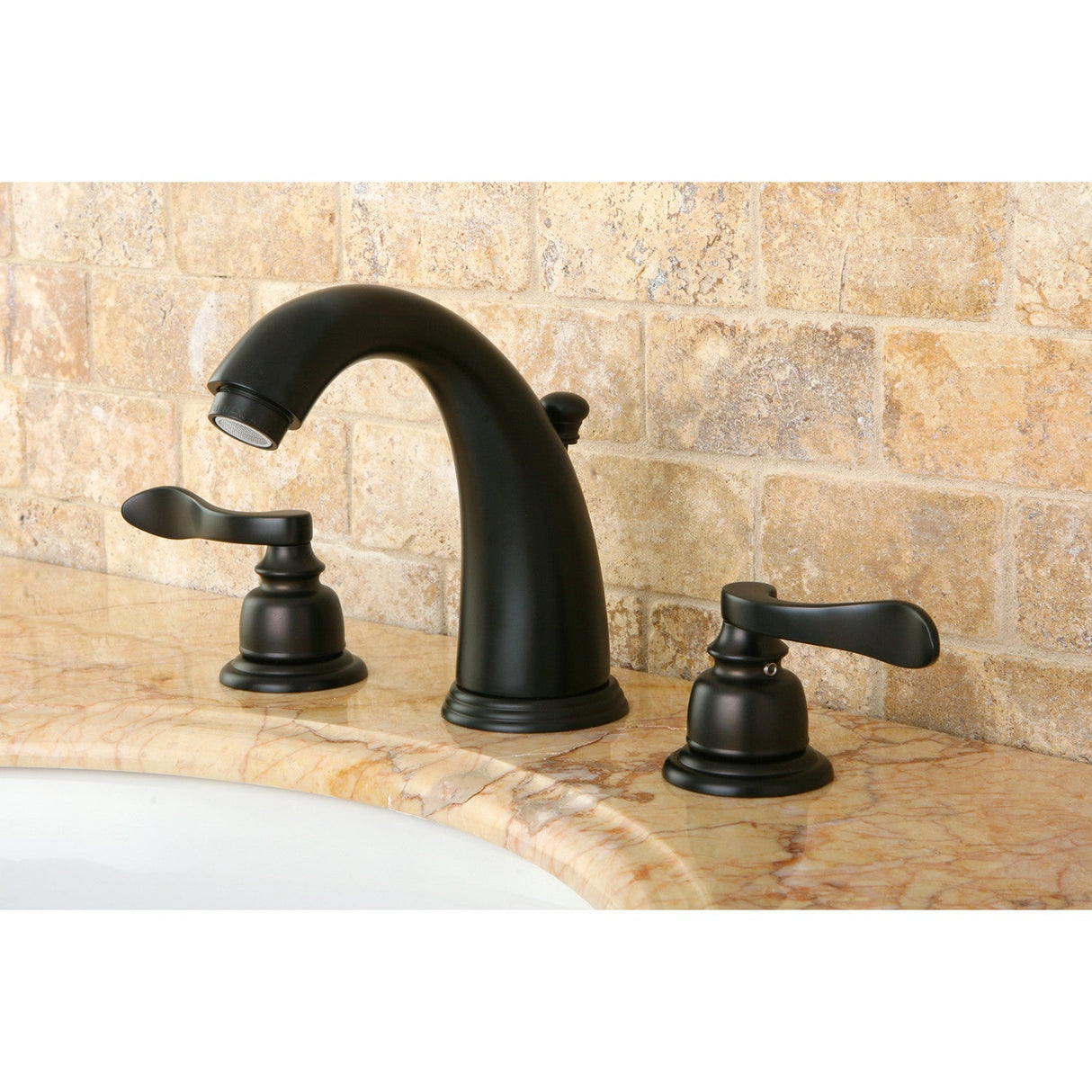 NuWave French KB8985NFL Two-Handle 3-Hole Deck Mount Widespread Bathroom Faucet with Plastic Pop-Up, Oil Rubbed Bronze