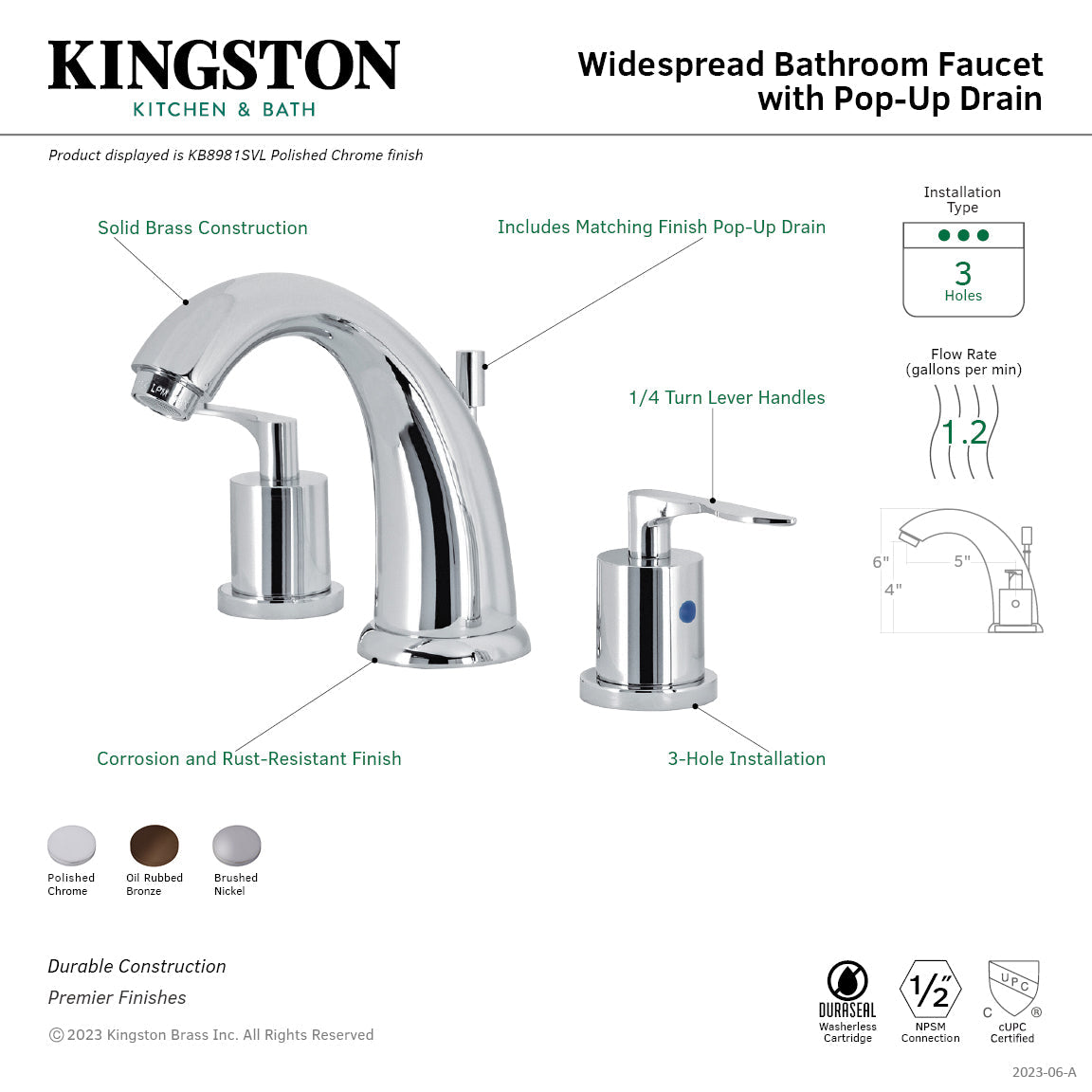 Serena KB8985SVL Two-Handle 3-Hole Deck Mount Widespread Bathroom Faucet with Pop-Up Drain, Oil Rubbed Bronze