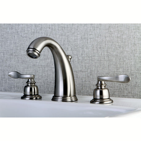 NuWave French KB8988NFL Two-Handle 3-Hole Deck Mount Widespread Bathroom Faucet with Plastic Pop-Up, Brushed Nickel