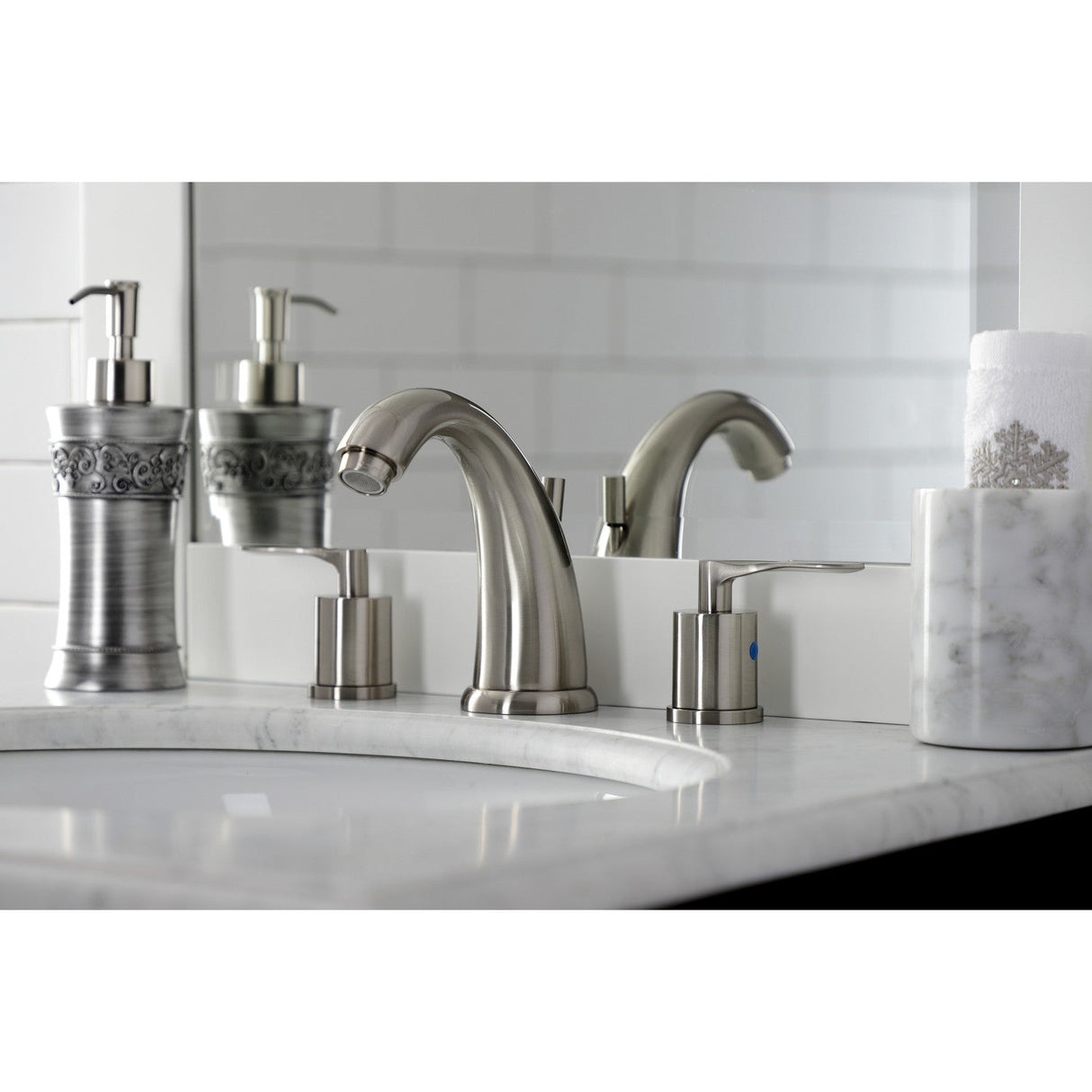 Serena KB8988SVL Two-Handle 3-Hole Deck Mount Widespread Bathroom Faucet with Pop-Up Drain, Brushed Nickel