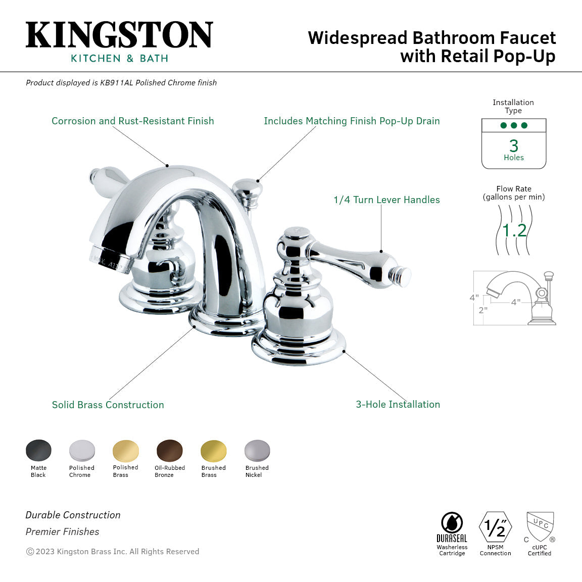 Victorian KB910AL Two-Handle 3-Hole Deck Mount Widespread Bathroom Faucet with Plastic Pop-Up, Matte Black