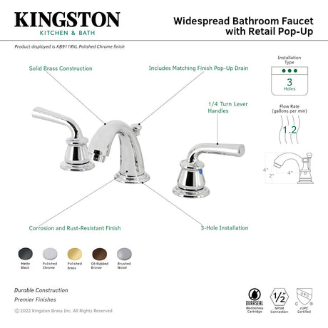 Restoration KB910RXL Two-Handle 3-Hole Deck Mount Widespread Bathroom Faucet with Plastic Pop-Up, Matte Black