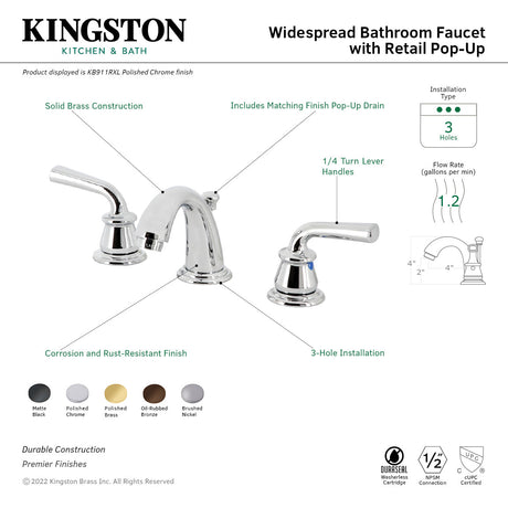 Restoration KB911RXL Two-Handle 3-Hole Deck Mount Widespread Bathroom Faucet with Plastic Pop-Up, Polished Chrome
