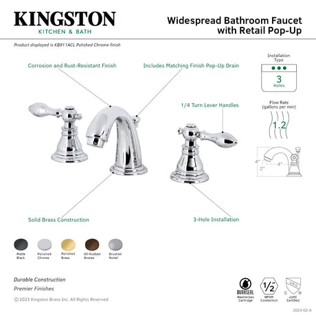 American Classic KB912ACL Two-Handle 3-Hole Deck Mount Widespread Bathroom Faucet with Plastic Pop-Up, Polished Brass