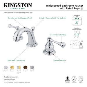 Vintage KB912BL Two-Handle 3-Hole Deck Mount Widespread Bathroom Faucet with Plastic Pop-Up, Polished Brass