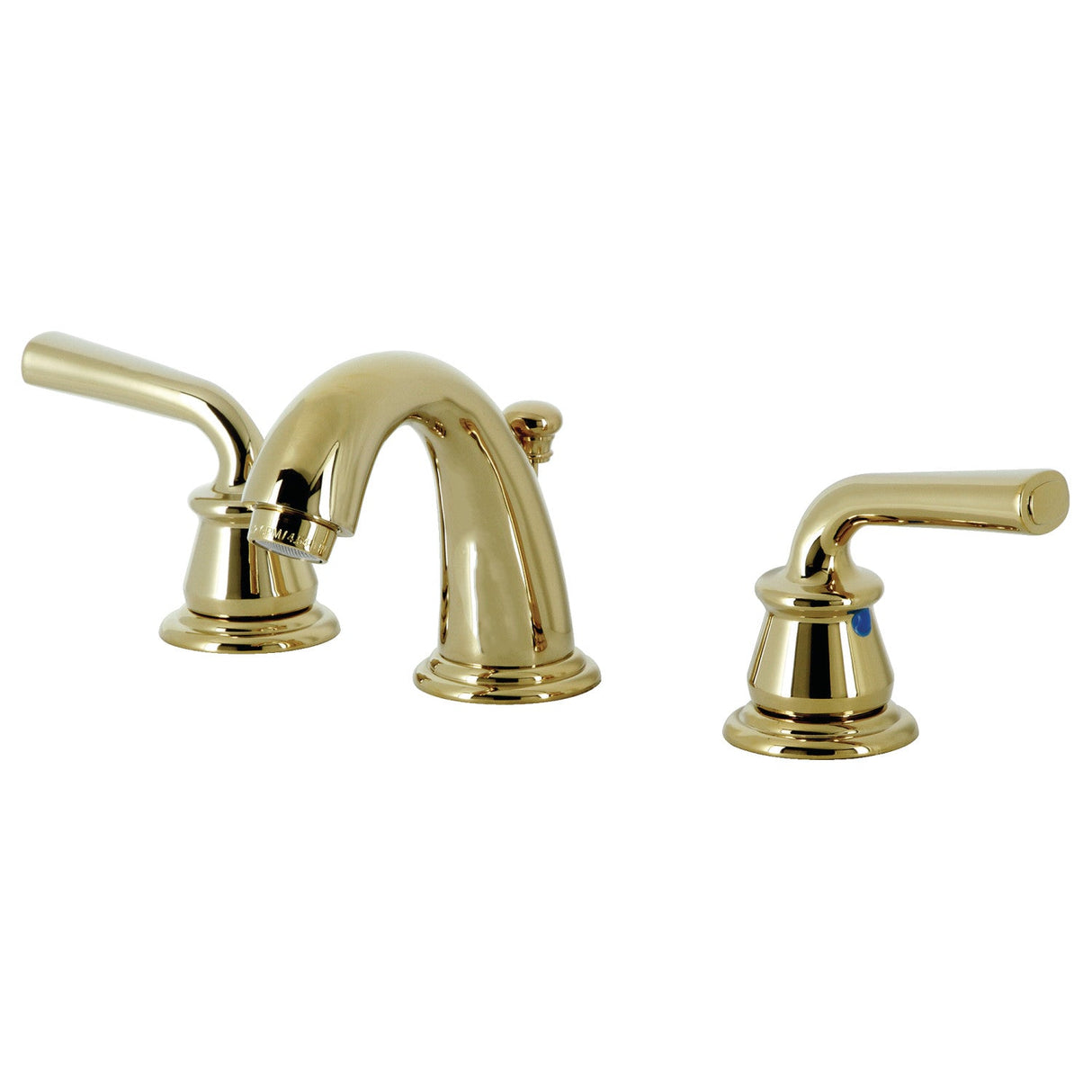 Restoration KB912RXL Two-Handle 3-Hole Deck Mount Widespread Bathroom Faucet with Plastic Pop-Up, Polished Brass