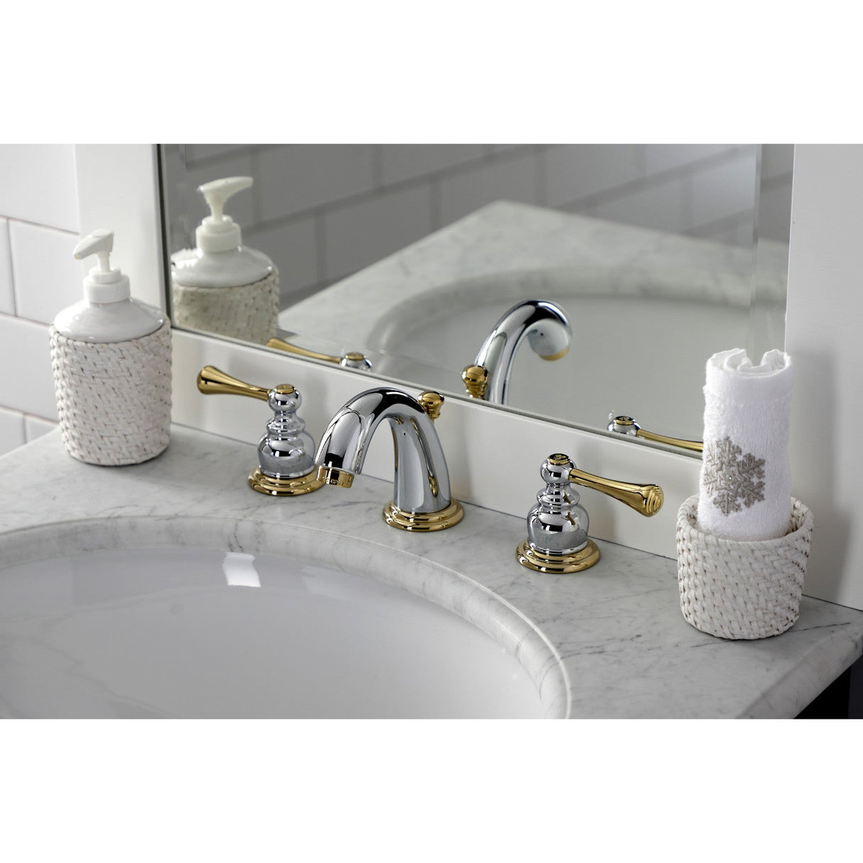 Vintage KB914BL Two-Handle 3-Hole Deck Mount Widespread Bathroom Faucet with Plastic Pop-Up, Polished Chrome/Polished Brass