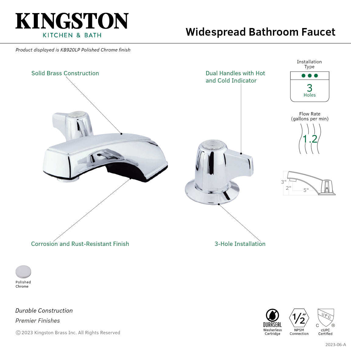 Americana KB920LP Two-Handle 3-Hole Deck Mount Widespread Bathroom Faucet, Polished Chrome